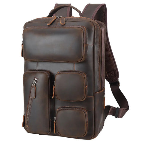 brown leather multi-pocket backpack diophy leather Leather Multi-Pocket Laptop Backpack - Dark Brown
