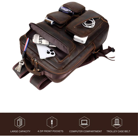 denali leather goods backpack Leather Multi-Pocket Laptop Backpack - Dark Brown
