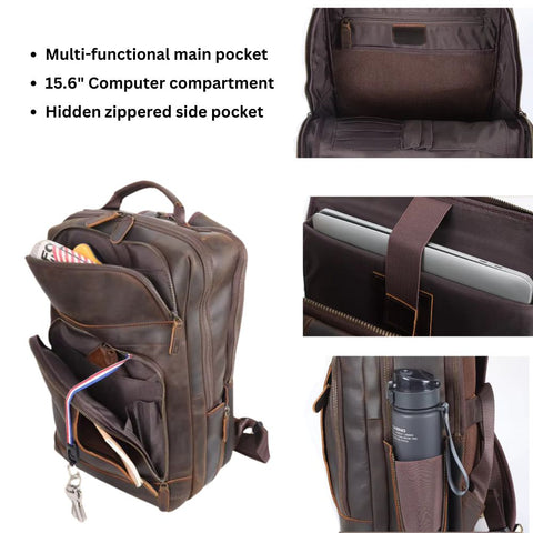 Vintage Retro Multi-Functional Laptop Full Grain Leather Travel Backpack - Dark Brown