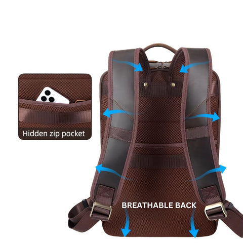 brown leather multi-pocket backpack diophy leather Leather Multi-Pocket Laptop Backpack - Dark Brown