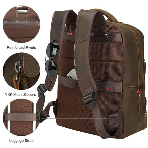 Dark Brown Leather Travel Backpack for Men