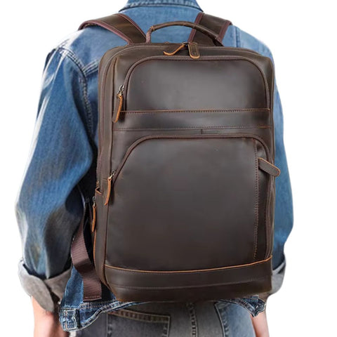 Vintage Retro Multi-Functional Laptop Full Grain Leather Travel Backpack - Dark Brown