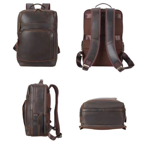 Vintage Retro Multi-Functional Laptop Full Grain Leather Travel Backpack - Dark Brown