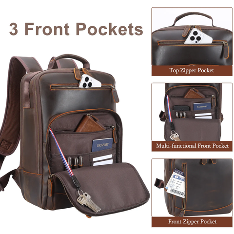 denali leather goods backpack Vintage Leather Travel 15.6 Inches Laptop Backpack - Dark Brown
