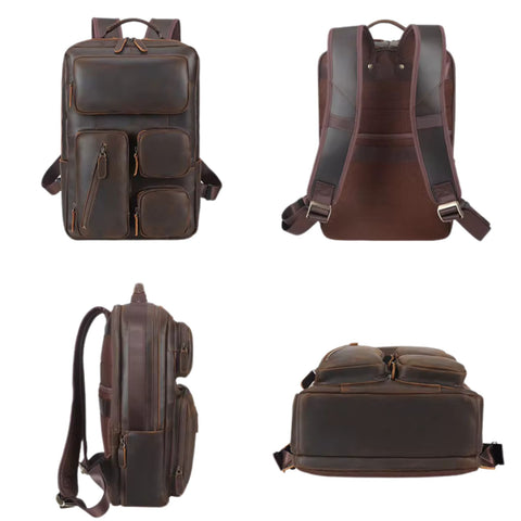 denali leather goods backpack Leather Multi-Pocket Laptop Backpack - Dark Brown