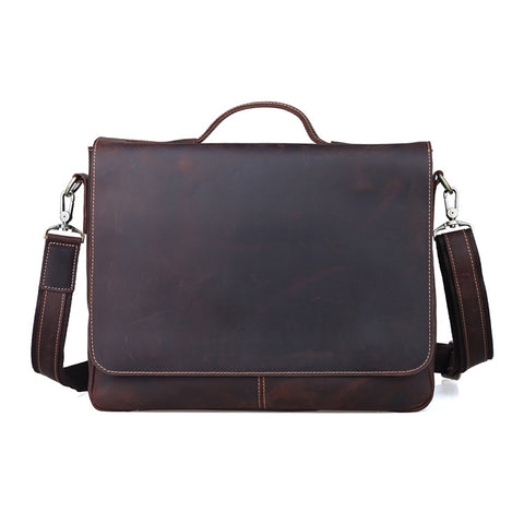 Handmade dark brown messenger full grain cow leather bag with large compartments and inner canvas lining