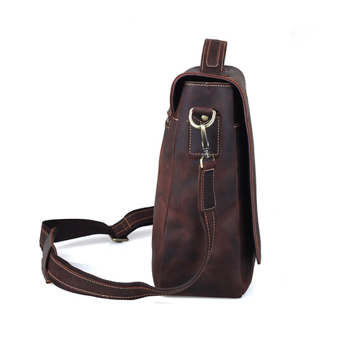 Handmade dark brown messenger full grain cow leather bag with large compartments and inner canvas lining