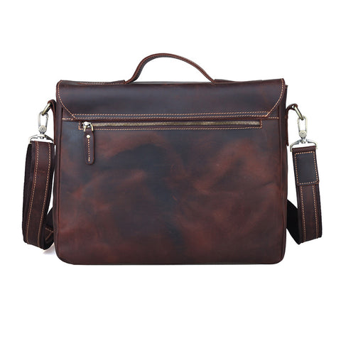 Handmade dark brown messenger full grain cow leather bag with large compartments and inner canvas lining
