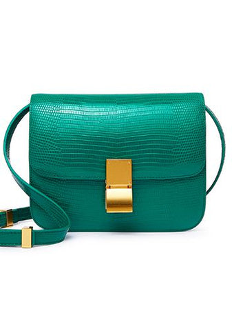 Handmade waterproof emerald green box top grain leather bag with compartments and inner linings.
