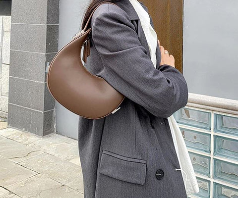 Handmade waterproof taupe luna crescent 100% top grain genuine leather bag for women with inner pocket and inner lining