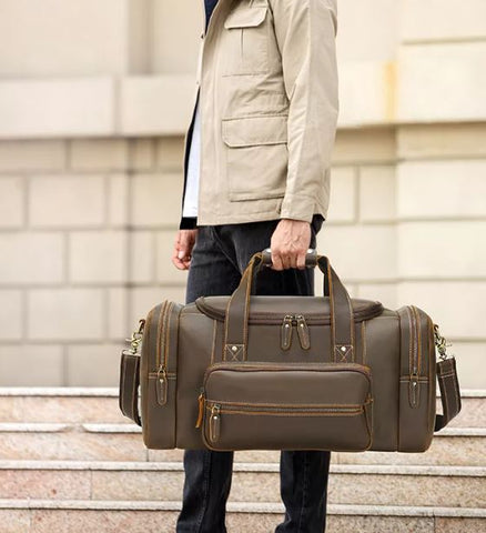 Retro Men's Weekender Top-Grain Horse Genuine Leather Travel Duffle Bag with laptop and shoe compartment.