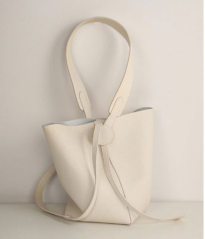 Handmade waterproof white top grain genuine leather bucket bag for women with inner pocket and inner lining