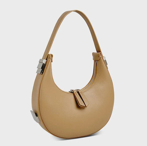 Handmade waterproof taupe luna crescent 100% top grain genuine leather bag for women with inner pocket and inner lining