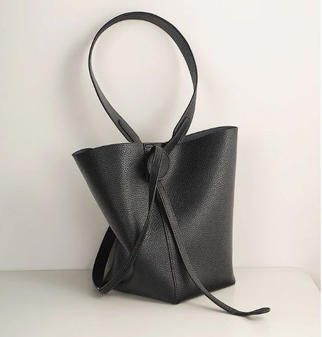 Handmade waterproof black top grain genuine leather bucket bag for women with inner pocket and inner lining