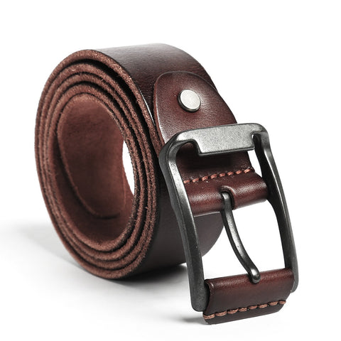 Khaki full grain cow leather belt with rectangular black buckle