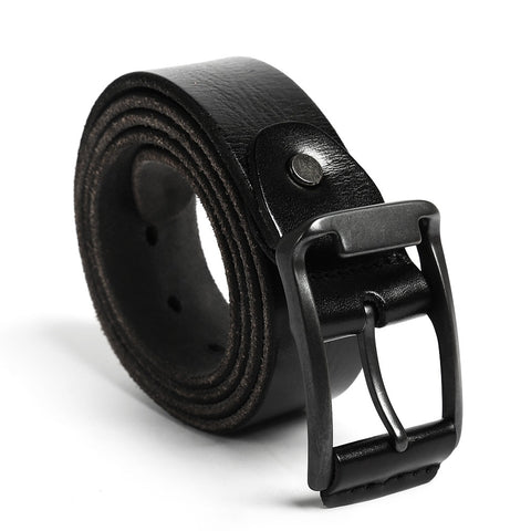Black full grain cow leather belt with rectangular black buckle