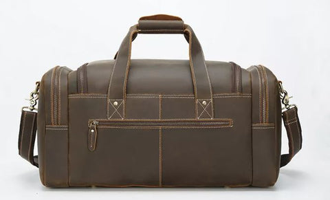 Retro Men's Weekender Top-Grain Horse Genuine Leather Travel Duffle Bag with laptop and shoe compartment.