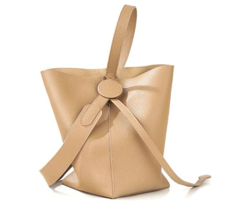 Handmade waterproof beige top grain genuine leather bucket bag for women with inner pocket and inner lining