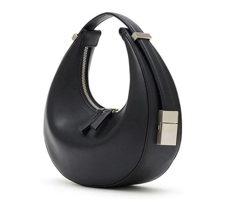 Handmade waterproof black luna crescent 100% top grain genuine leather bag for women with inner pocket and inner lining