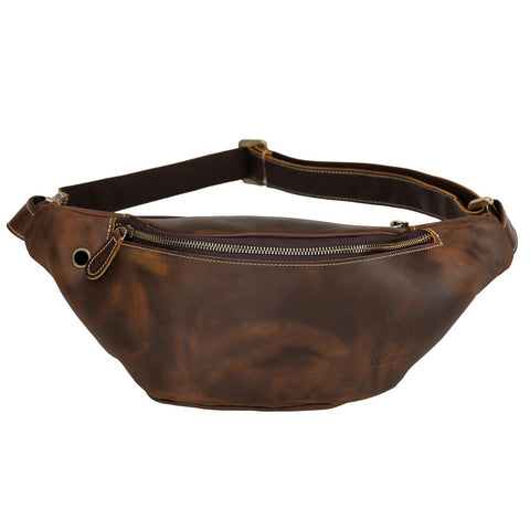 Brown fanny pack full grain cow leather leather bag with headphone hole and adjustable shoulder strap