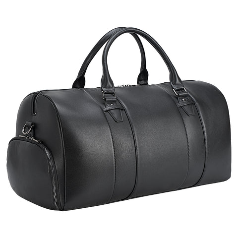 Black high end top grain leather weekender bag with shoe compartment