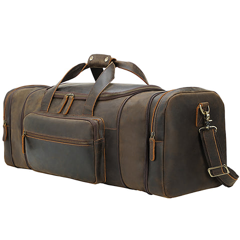 Dark brown top grain leather duffel travel bag with large inner compartment and many zippered pockets.