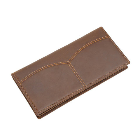 Brown 100% top grain genuine long leather wallet with RFID-shielded technology, many card slots and compartment pockets 