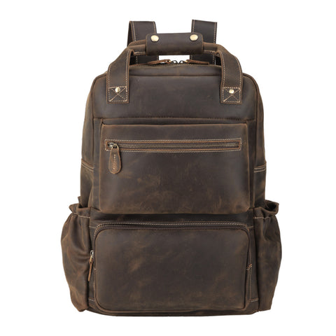 Brown genuine full-grain cowhide leather backpack with pockets and laptop compartment