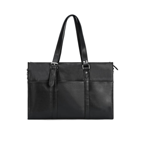 Handmade waterproof black top-grain genuine leather tote bag with laptop compartment and inner pockets.