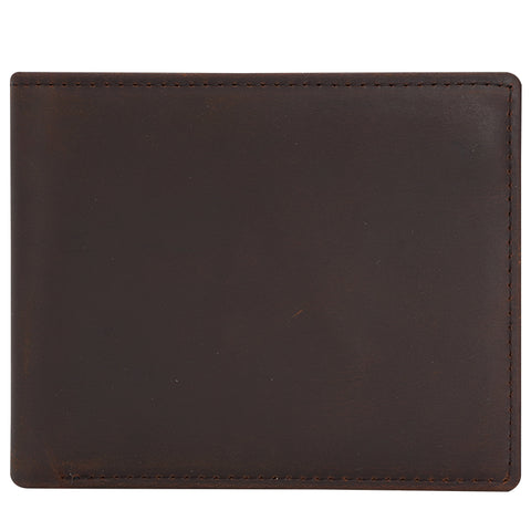 Dark brown ultra-slim bifold 100% top grain genuine leather wallet with RFID-shielded technology and 2 ID windows.