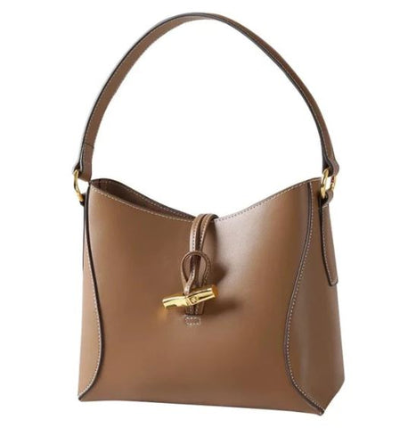 Handmade waterproof brown top grain genuine leather structured bag for women with inner pocket and inner lining