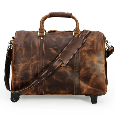 Brown Top-Grain Genuine Leather Luggage Duffel Bag with laptop compartment, adjustable shoulder strap with buckle detail and sturdy top handles