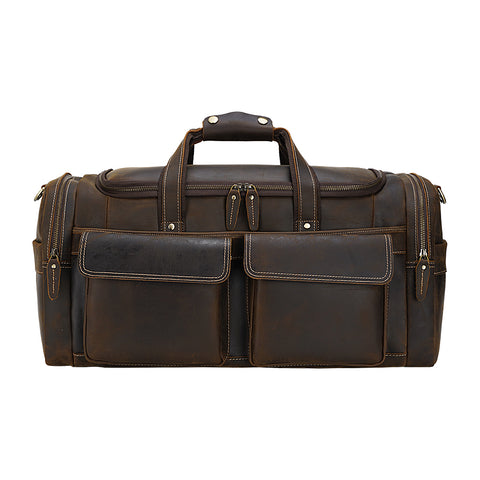 Brown  high-quality top-grain genuine leather duffel bag with large inner compartments and adjustable shoulder strap with buckle detail and sturdy top handles