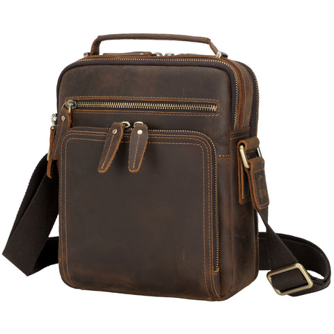 Brown cross body shoulder messenger full grain cow leather bag with adjustable shoulder strap, 2 compartments and many pockets.