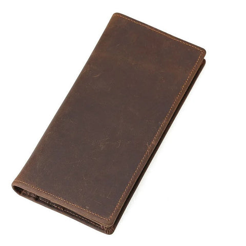 Slim bifold vintage top-grain genuine leather wallet with large pockets, many card slots and RFID-shielded technology.