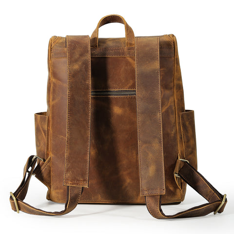Handmade water-resistant light brown top grain leather laptop backpack with Inner canvas lining, adjustable strap, many pockets and compartments