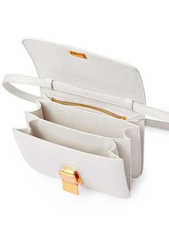 Handmade waterproof white box top grain leather bag with compartments and inner linings.