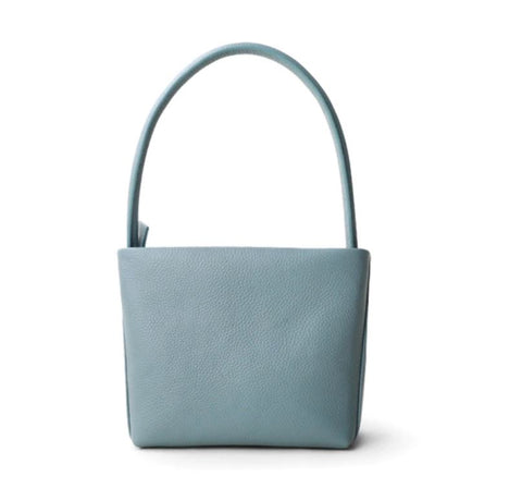 Handmade waterproof blue top-grain genuine leather tote for women with inner pocket and inner lining.