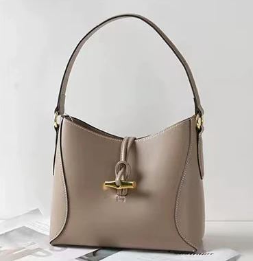 Handmade waterproof taupe top grain genuine leather structured bag for women with inner pocket and inner lining