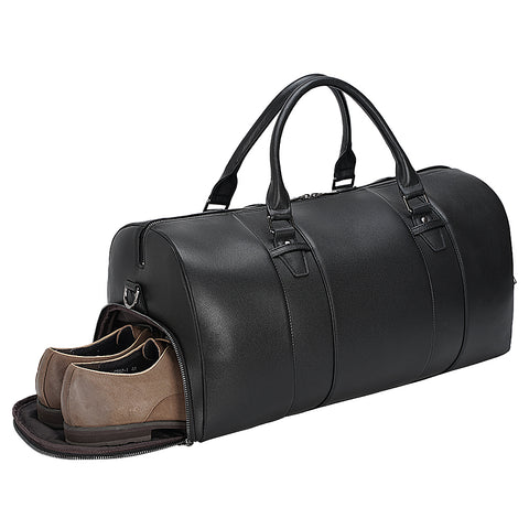 Black high end top grain leather weekender bag with shoe compartment