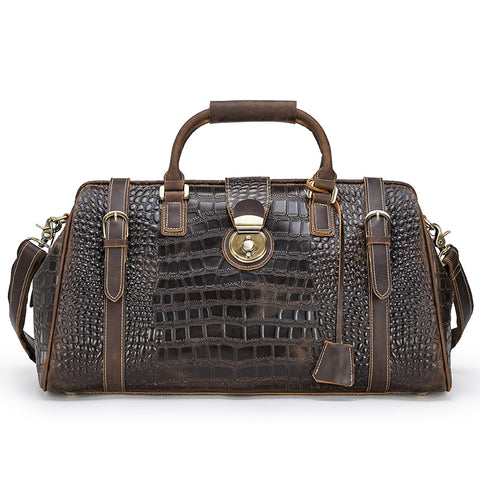 Dark brown crocodile genuine top grain leather duffel bag with a laptop compartment and many pockets.