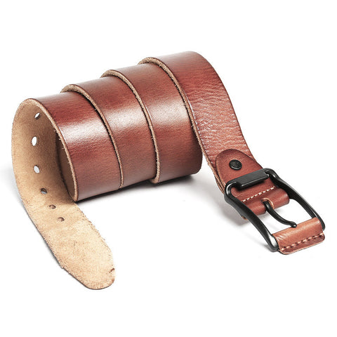 Brown full grain cow leather belt with rectangular black buckle