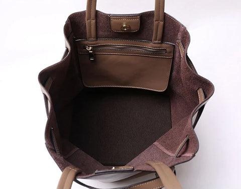 Handmade waterproof khaki genuine top grain leather tote with a knot for women