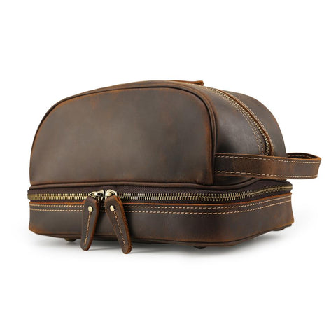 Dark brown leather travel cosmetic toiletry bag with inner zipper pocket and compartment