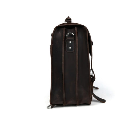 Water-resistant dark brown leather travel backpack with many compartments and pockets.