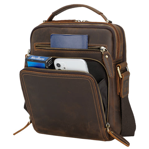 Brown cross body shoulder messenger full grain cow leather bag with adjustable shoulder strap, 2 compartments and many pockets.