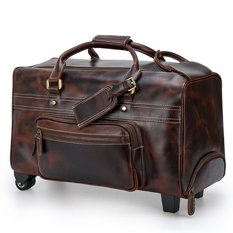 Brown high-end top-grain genuine leather weekender duffel luggage bag with laptop compartment and adjustable shoulder strap with buckle detail and sturdy top handles