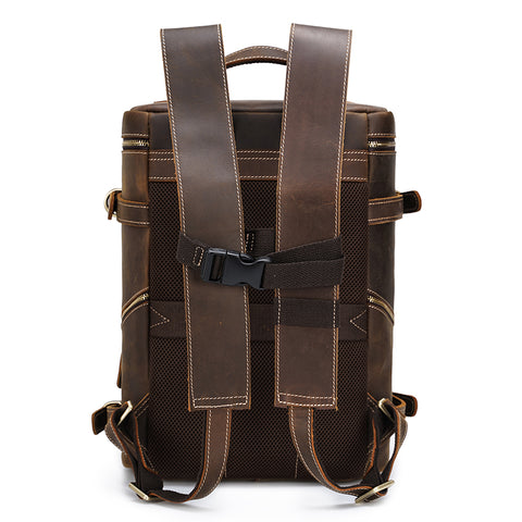 Water-resistant brown vintage Leather Backpack with back panel made of suspended mesh.