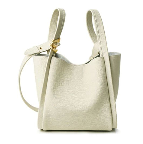 Handmade waterproof white bucket top grain leather bag for women with inner pockets and inner lining