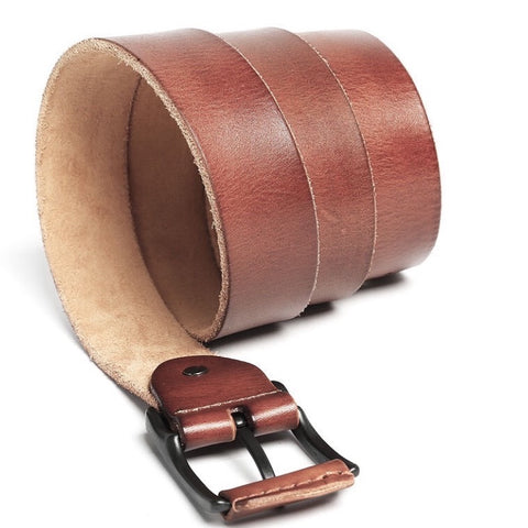 Brown full grain cow leather belt with rectangular black buckle